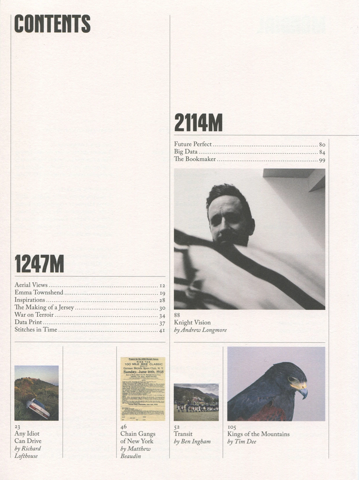 A page from Rapha Mondial magazine. Table of Contents