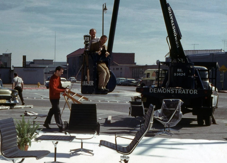 Charles Eames directing photoshoot for Aluminium Group furniture