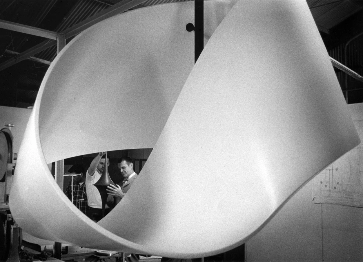 Charles Eames through Möbius ring model, part of 'The Design of Mathematics' exhibition