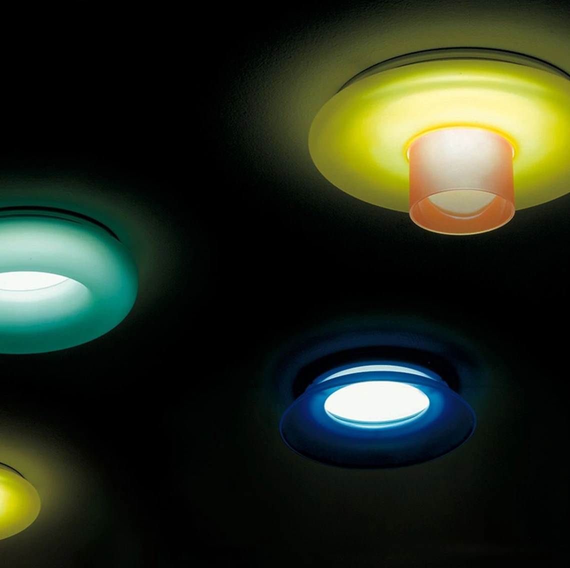 Optos lightning system for Zumtobel. Lights of different colors on a ceiling