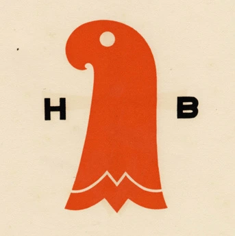 Logo for Hansa und Brandenburgische. A red bird's head turned sideways with letters H and B