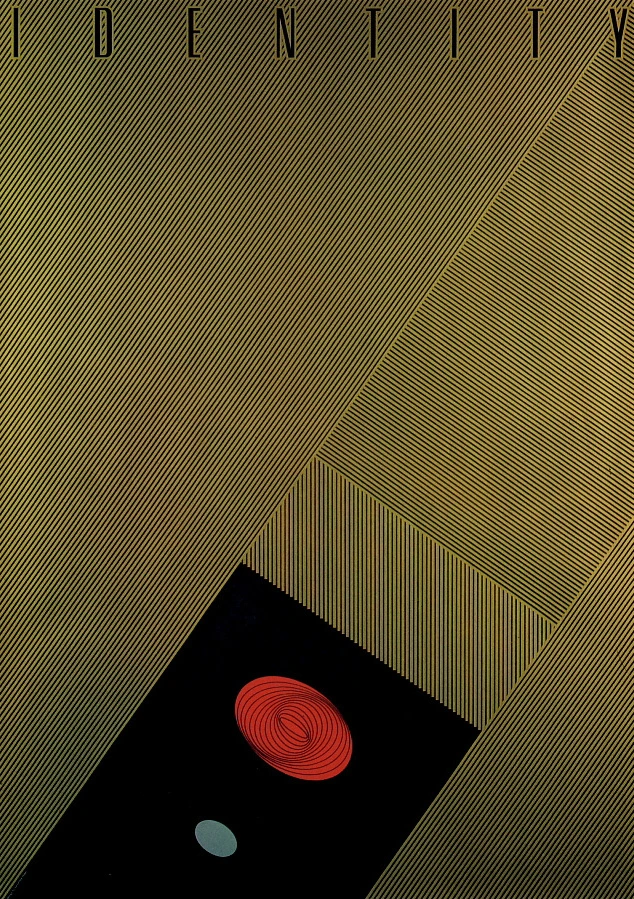 Poster Identity. A gold plane, a red spiral and a green oval floating in space