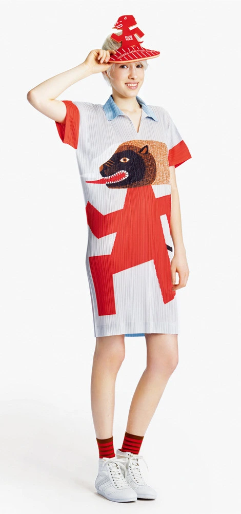 Collaboration between Pleats Please Issey Miyake and Kazumasa Nagai. A white dress a red print