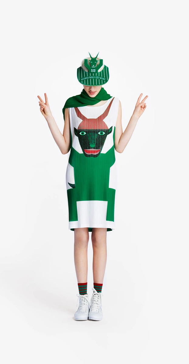 Collaboration between Pleats Please Issey Miyake and Kazumasa Nagai. A dress with the goat print