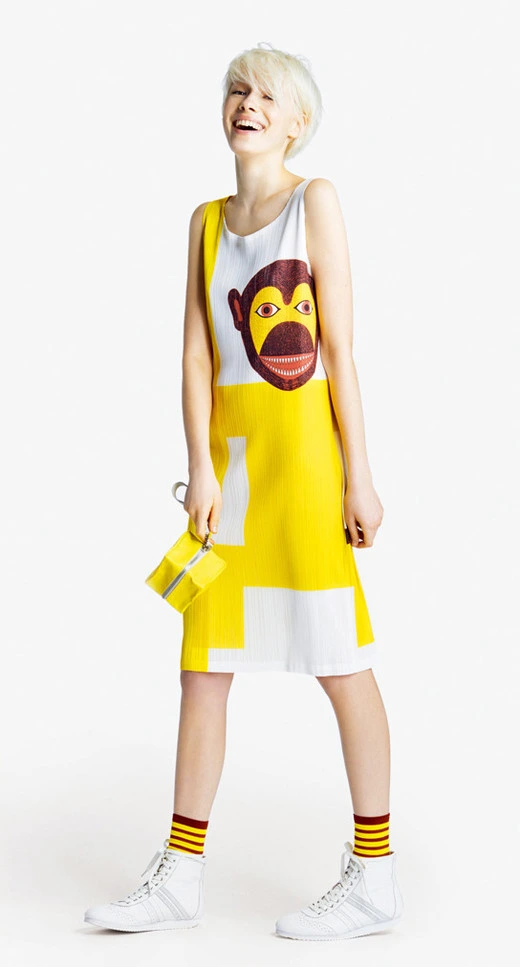 Collaboration between Pleats Please Issey Miyake and Kazumasa Nagai. A dress with the monkey print