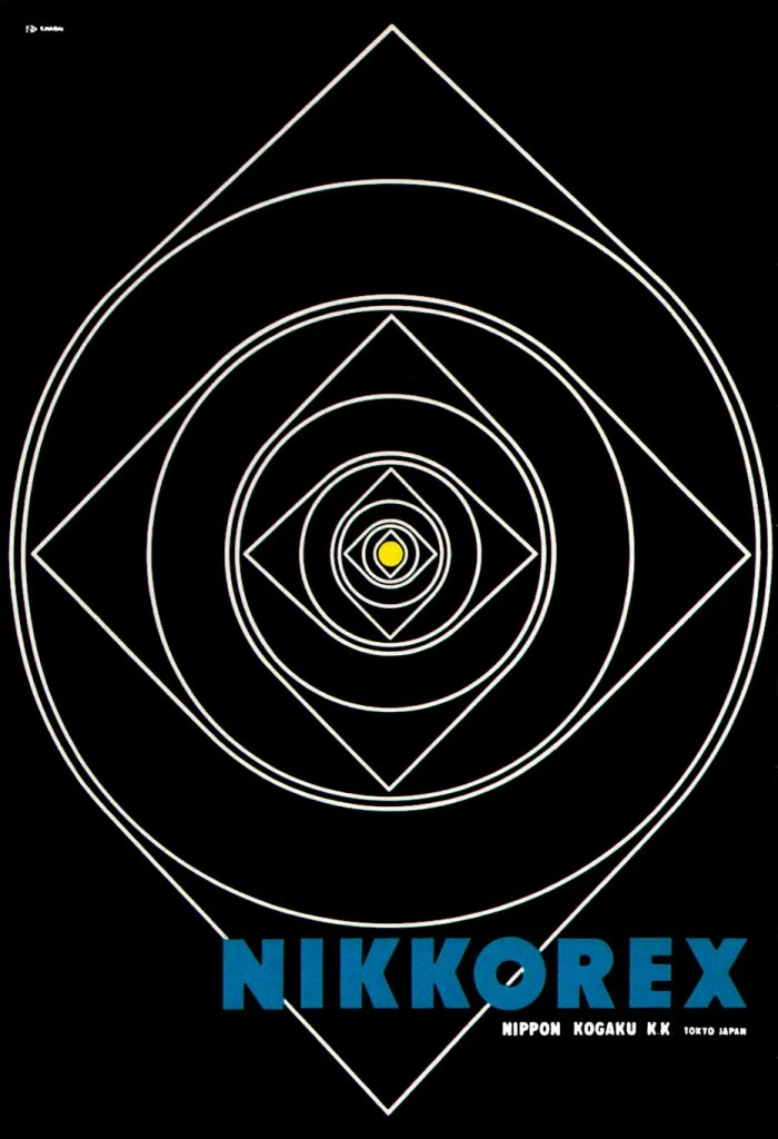 Advertisement poster for Nikon camera. Geometrical shapes forming a tunnel with a word NIKKOREX