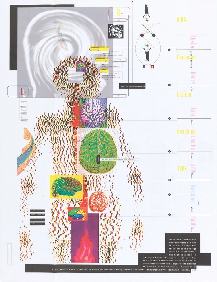 Holographic Model poster for AIGA. Colored dots put together to resemble a human figure