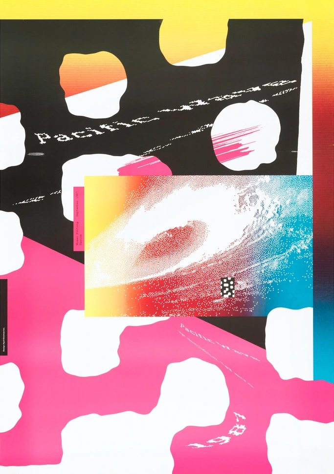 Pacific Wave poster. Distorted words Pacific Wave with an image of wave
