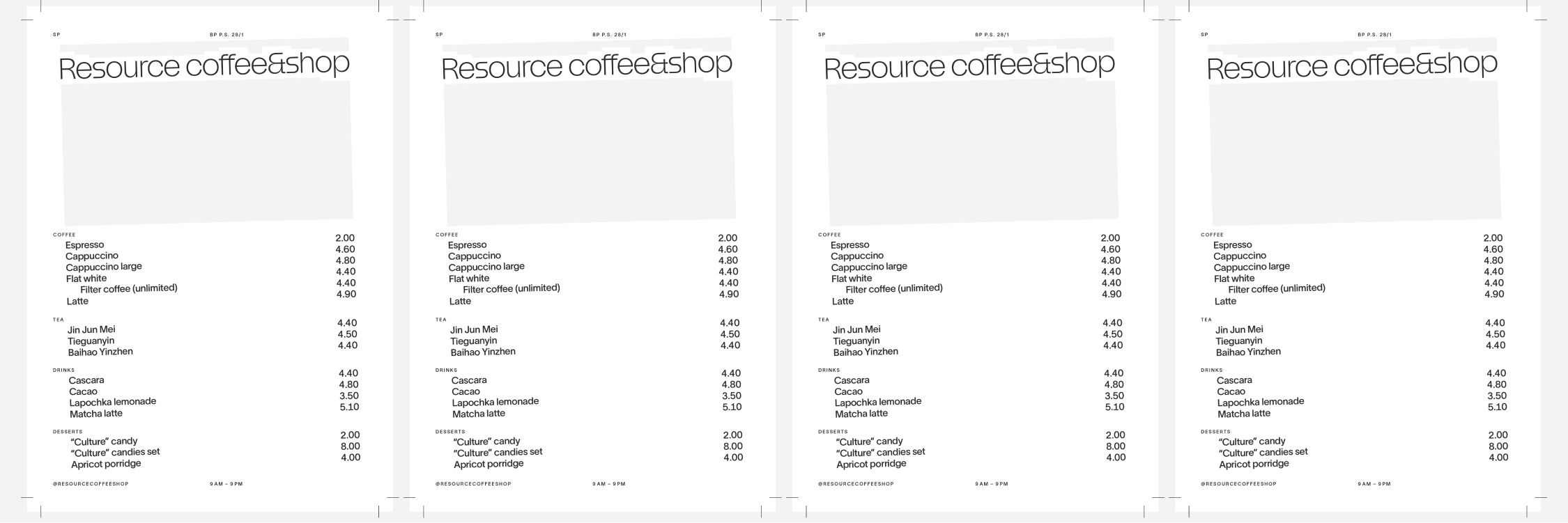 Menu for Resource Coffee &amp; Shop.