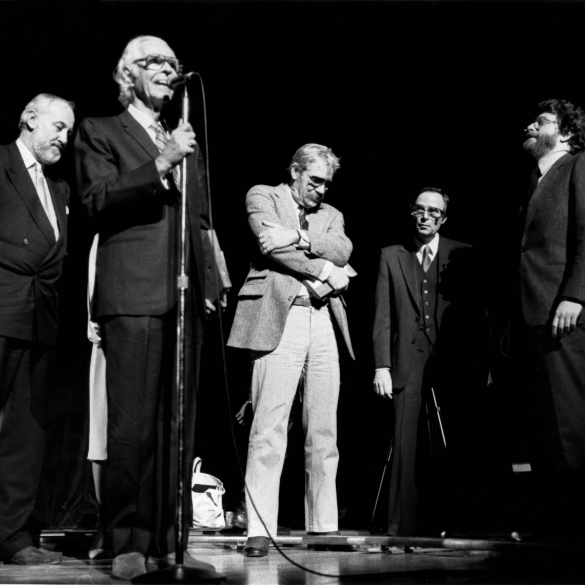 Blue Note reunion concert. Bruce Lundwall, Alfred Lion, Reid Miles, Rudy Van Gelder, Michael Cuscuna