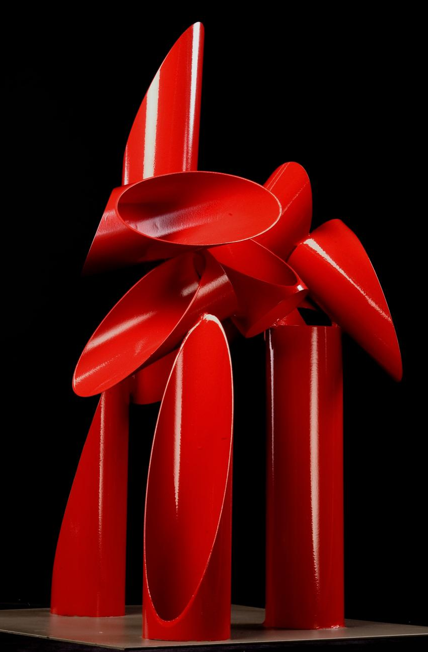 Maquette for On High sculpture by Alexander Liberman. Multiple red cones put together