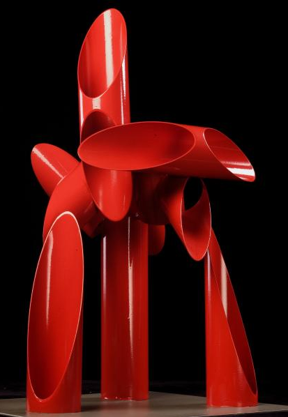 Maquette for On High sculpture by Alexander Liberman. Multiple red cones put together