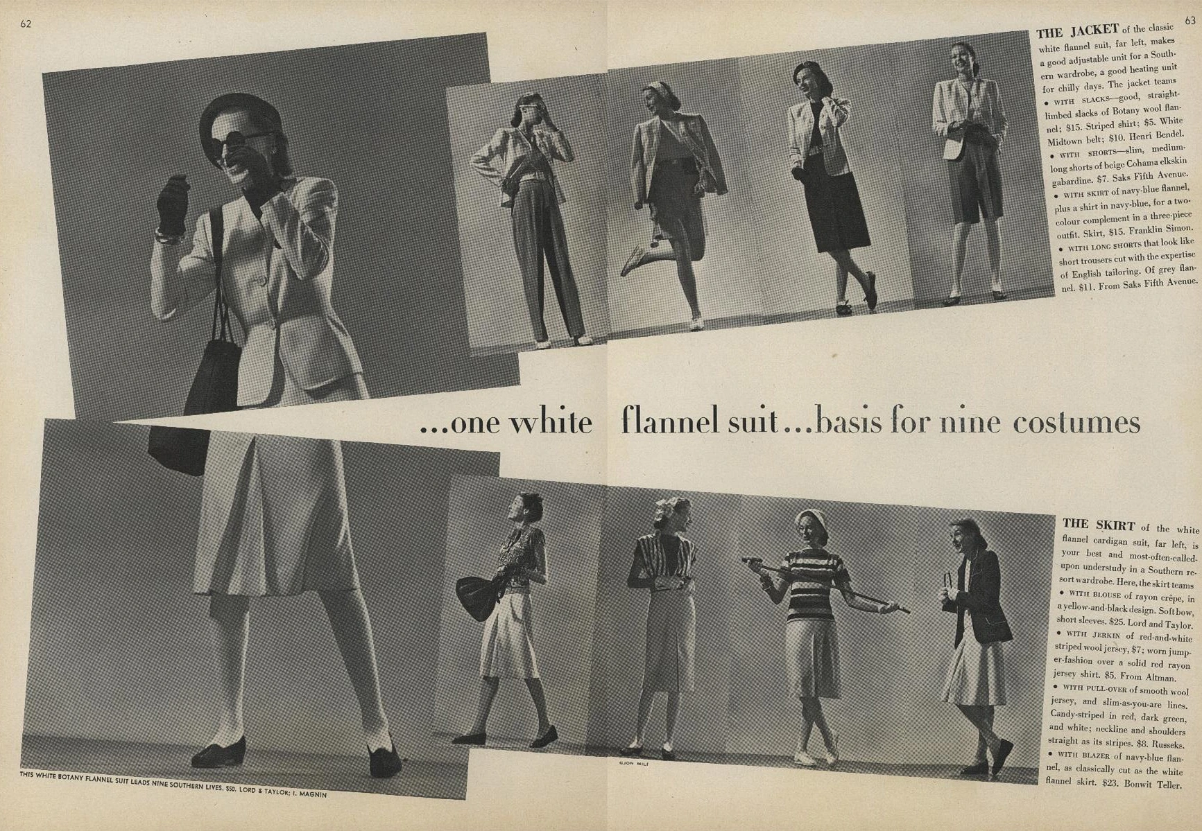 Vogue magazine page spread. The base image of a white flannel suit splits in half and moves 
