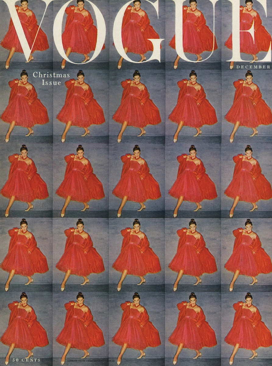 Vogue magazine cover, December 1950. Multiplied images of a dancing woman in a red dress