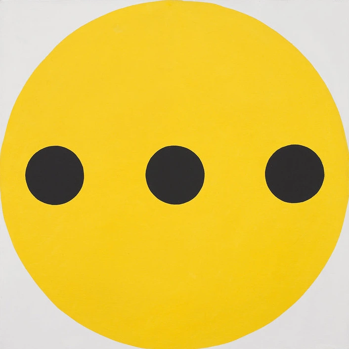 Black-Yellow painting by Alexander Liberman. Three black dots on a white and yellow background