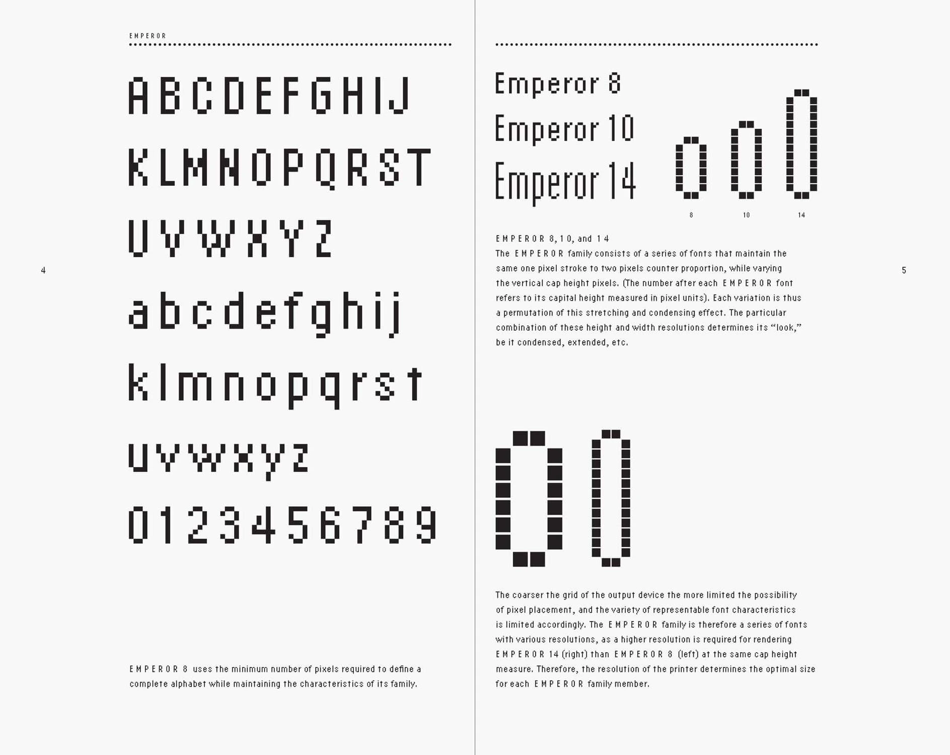 Page spread of Digital Fonts type specimen booklet. Pixelated font examples