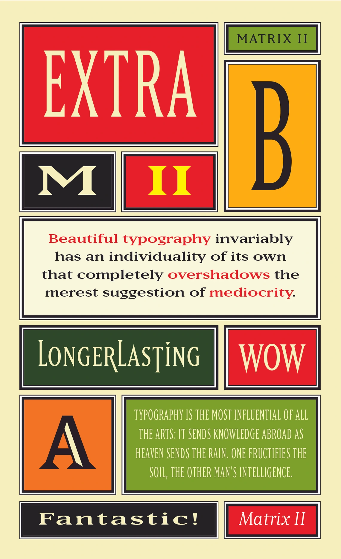 Cover of Matrix II type specimen. Boxes with text samples