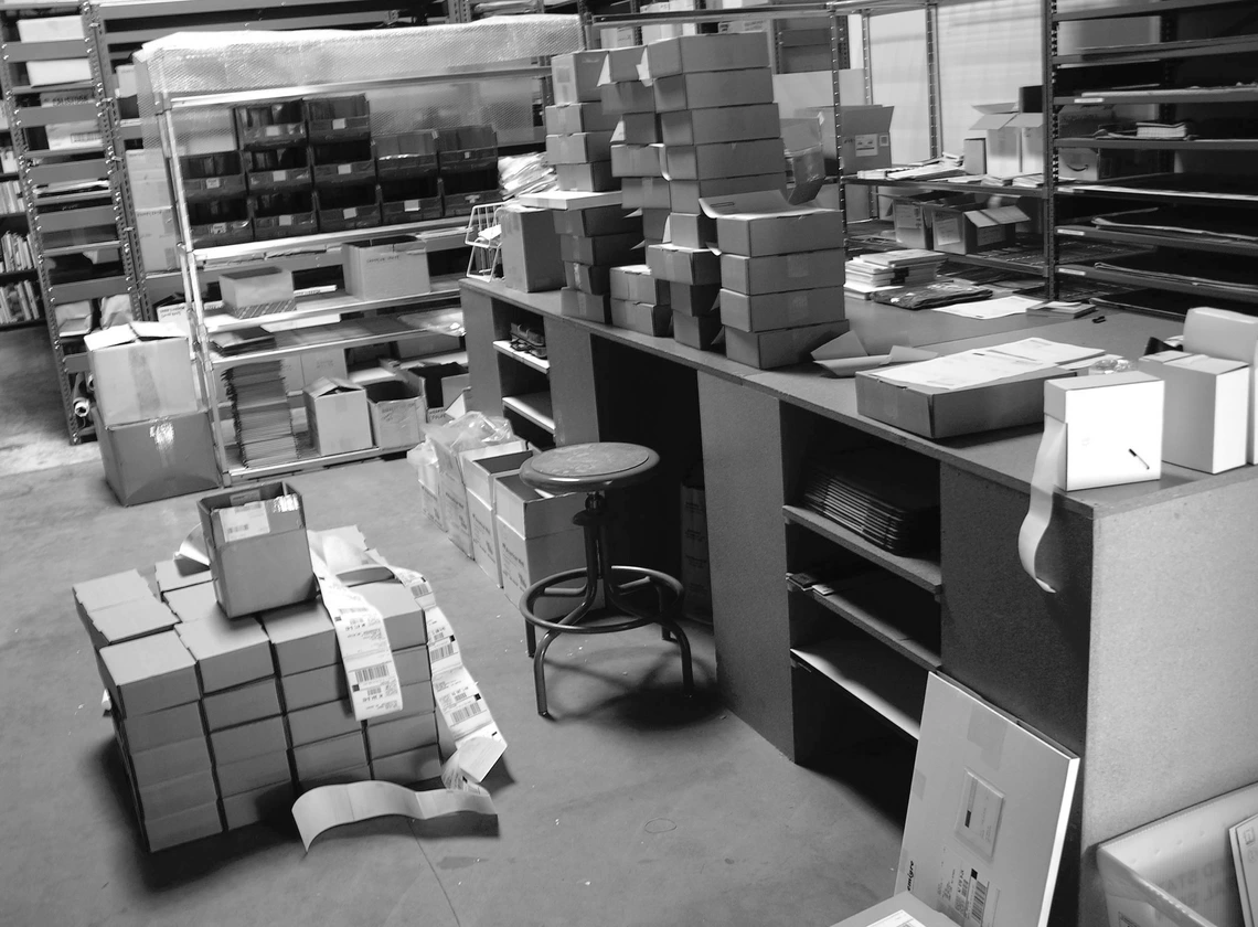 Emigre warehouse, Emeryville, CA. Piles of boxes