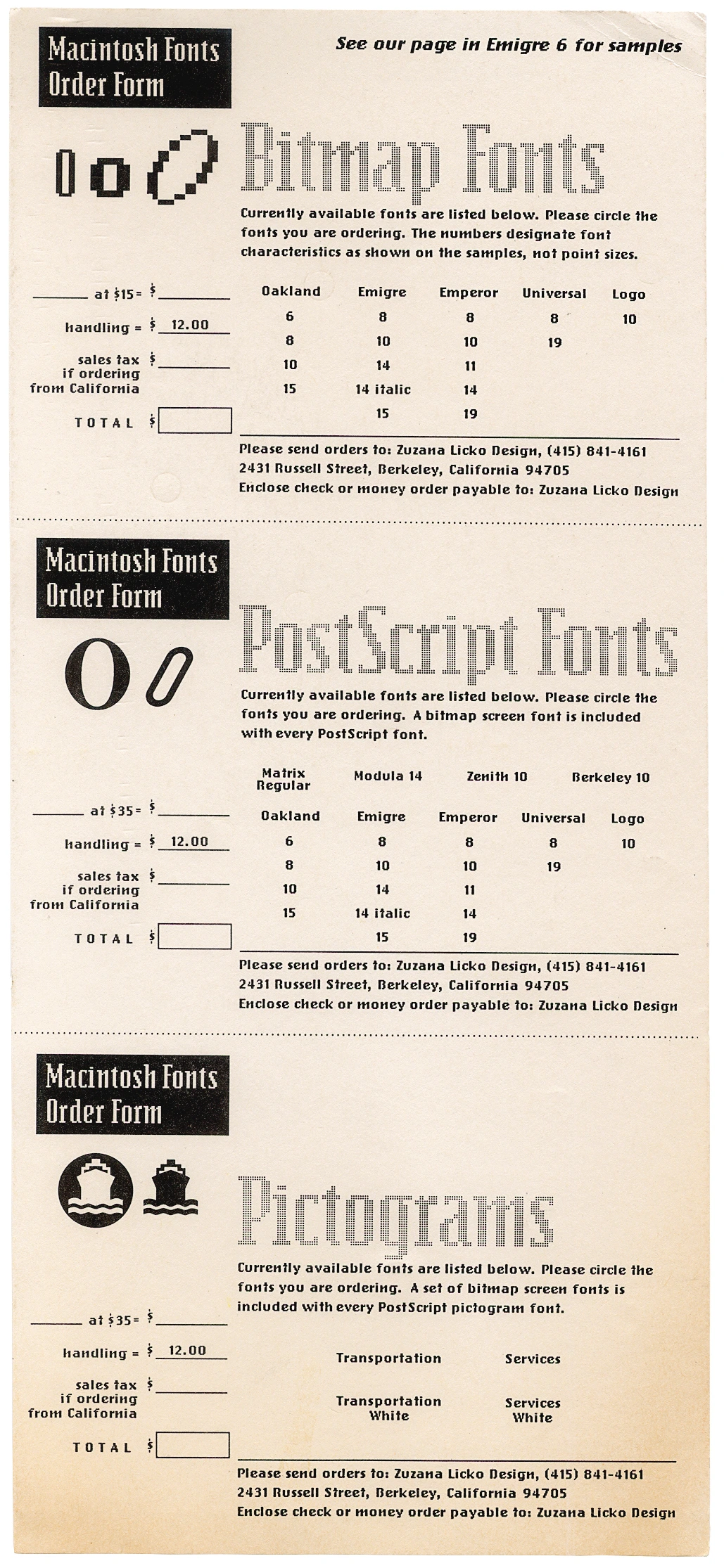 Digital fonts order sent in addition to issue No. 6 of Emigre magazine
