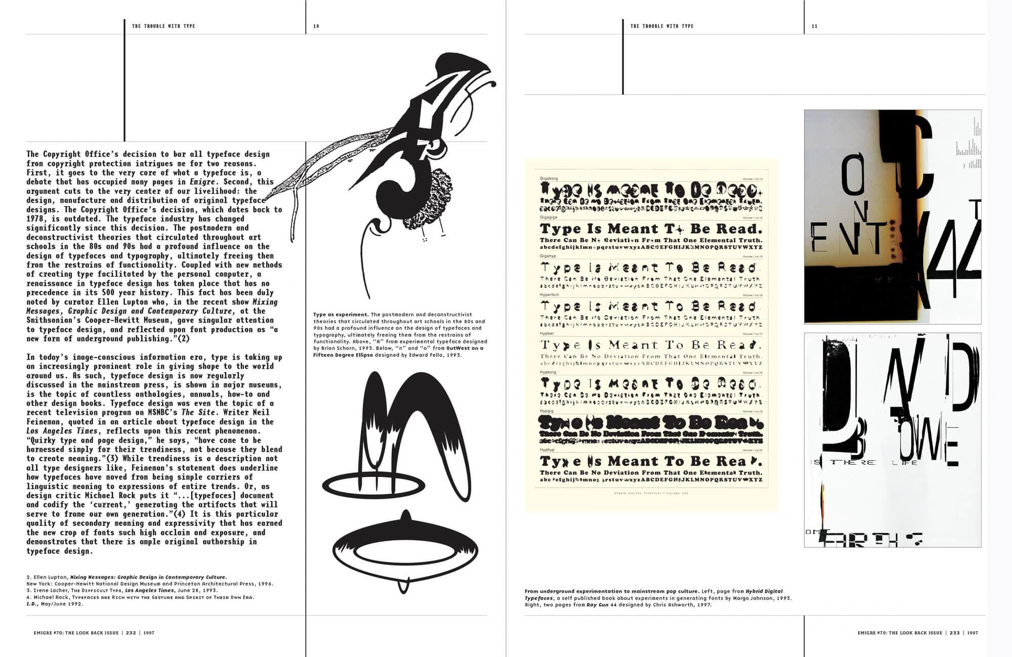 Page spread of Emigre magazine, issue No. 43. The Trouble with Type by Rudy VanderLans