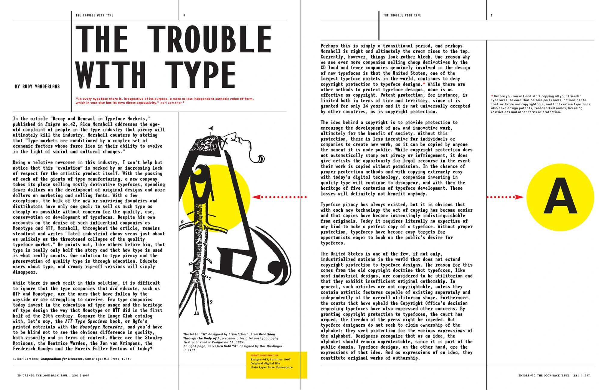 Page spread of Emigre magazine, issue No. 43. The Trouble with Type by Rudy VanderLans