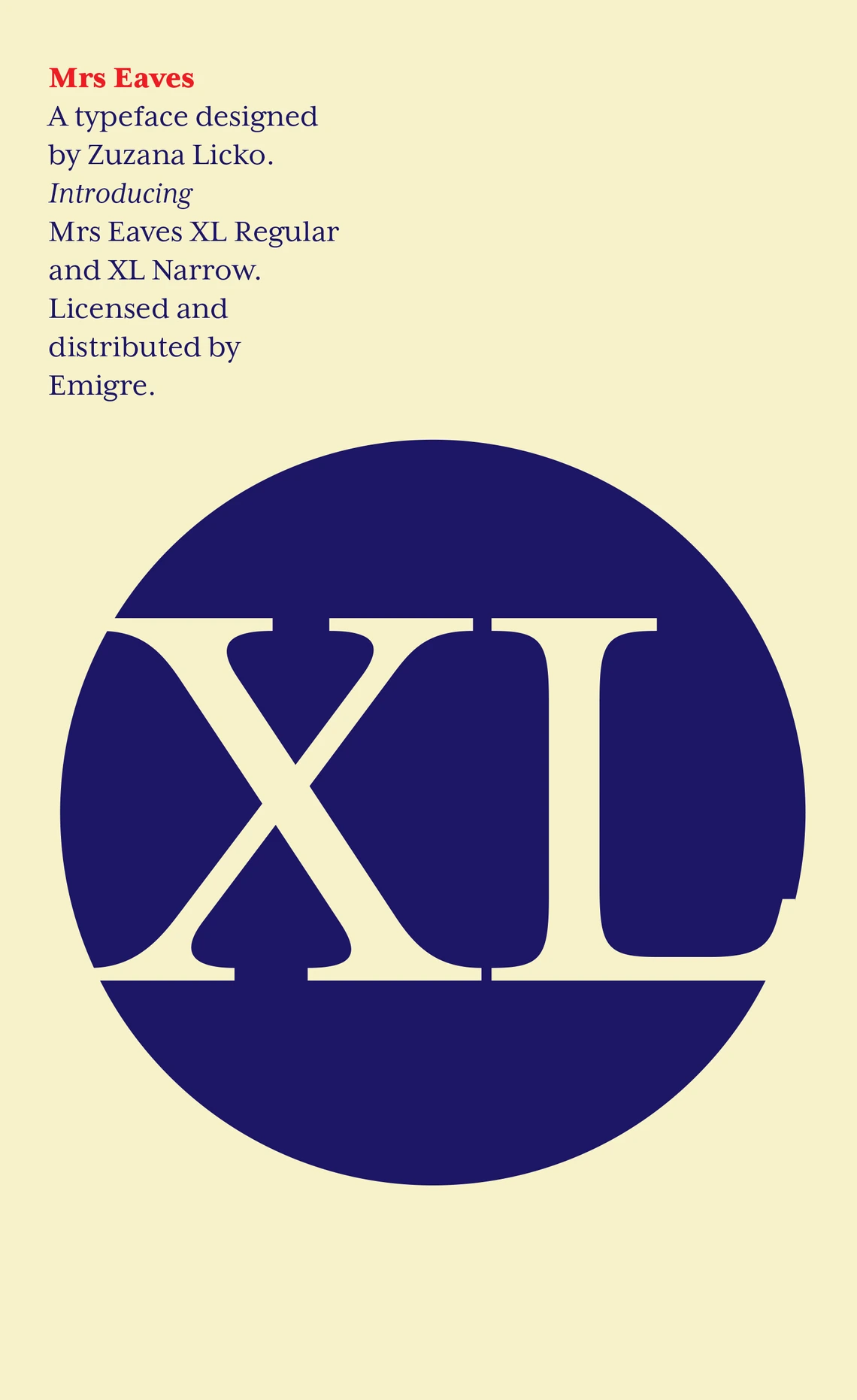 Cover of Mrs Eaves type specimen. Letters XL in a blue circle