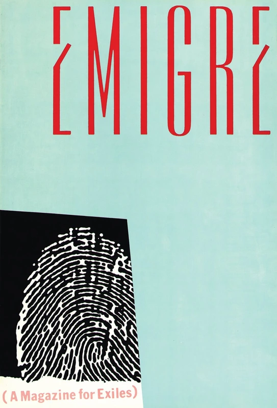 Cover of Emigre magazine, issue No. 1. A black and white fingerprint on a turquoise background