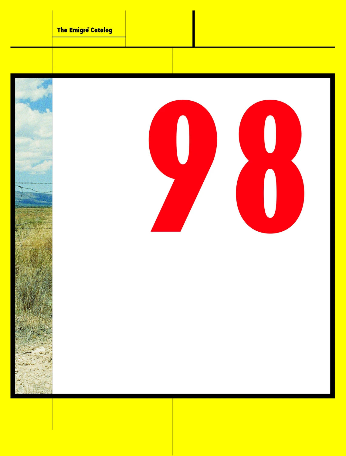 Cover of The Emigre Catalog 1998. A number 98 on a white and yellow background