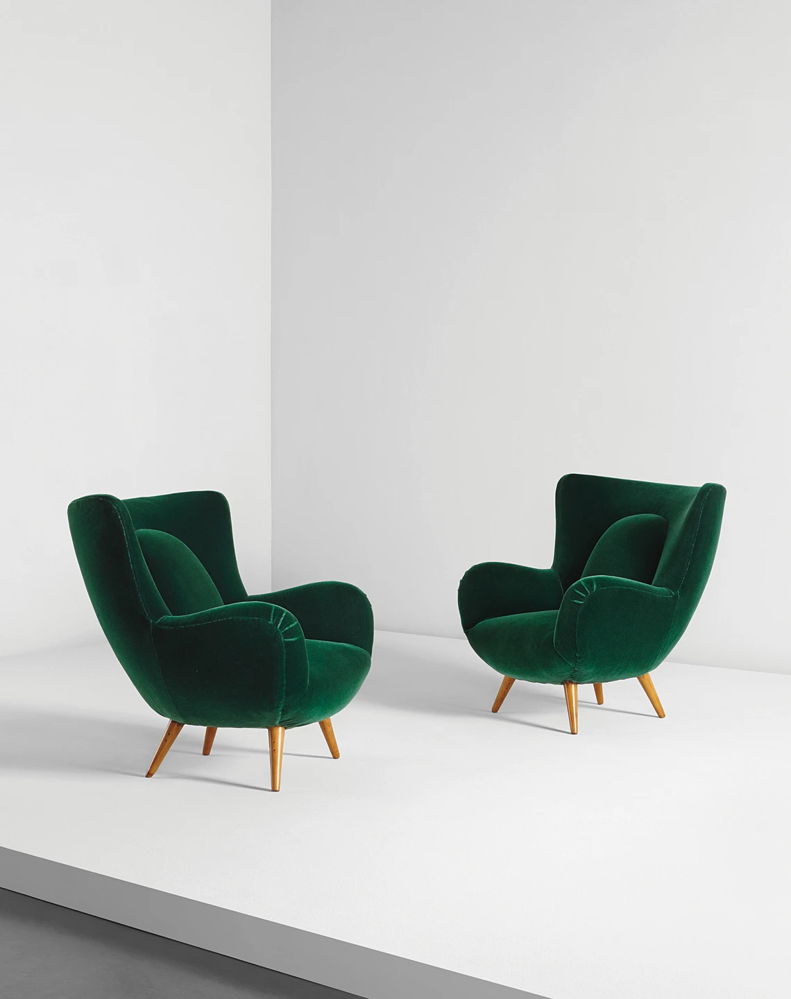 Pair of armchairs, designed for the Acotto House. Two chairs made of green velvet