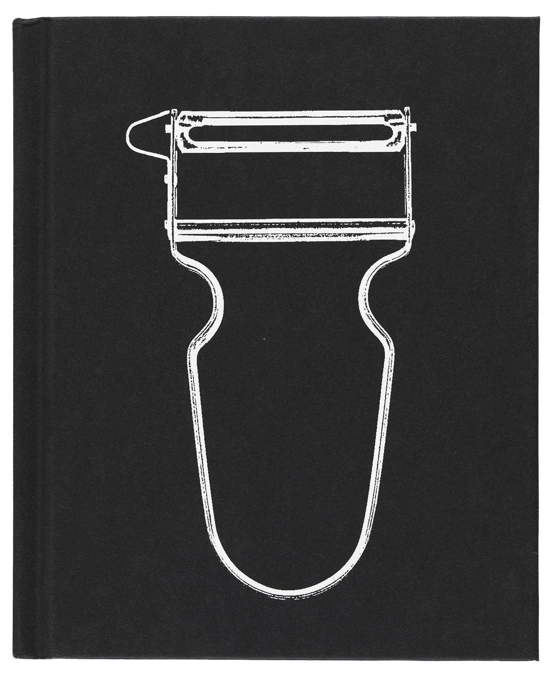 A black book cover with a white image of a potato peeler designed by Irma Boom