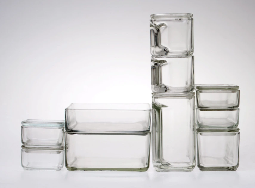 Kubus stacking glass containers designed by Wilhelm Wagenfeld