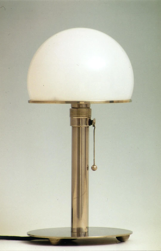 Bauhaus Lamp designed by Wilhelm Wagenfeld. A white glass lamp with a brass tube