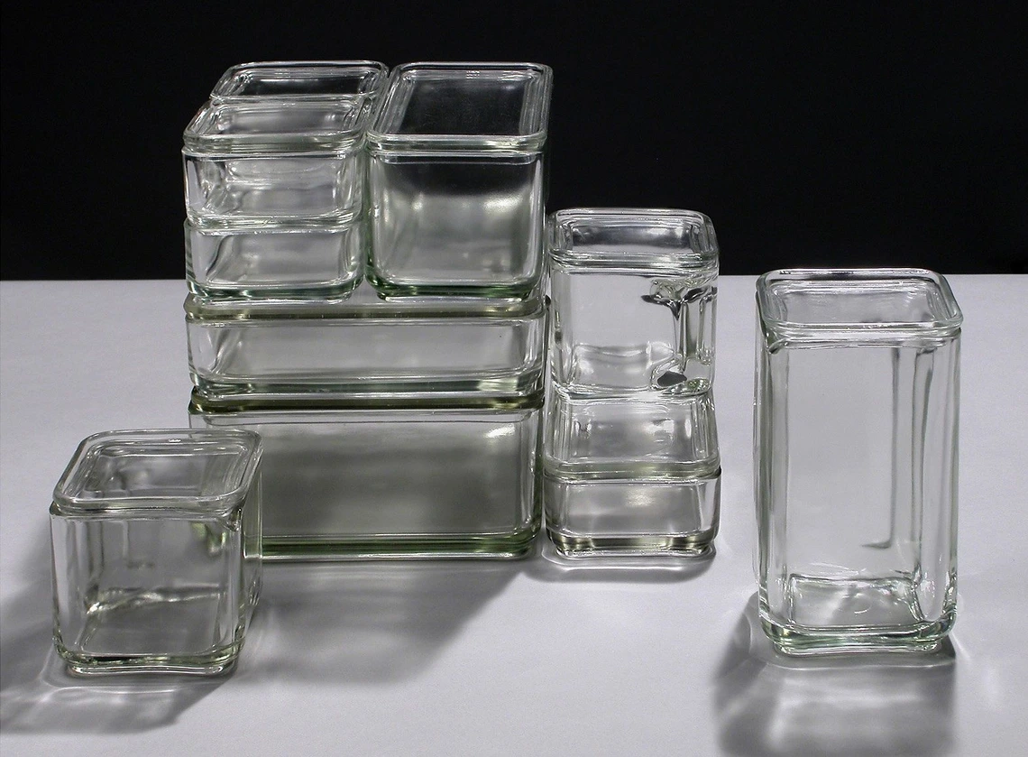 Kubus stacking glass containers designed by Wilhelm Wagenfeld