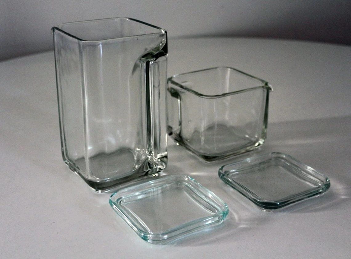 Kubus stacking glass containers designed by Wilhelm Wagenfeld