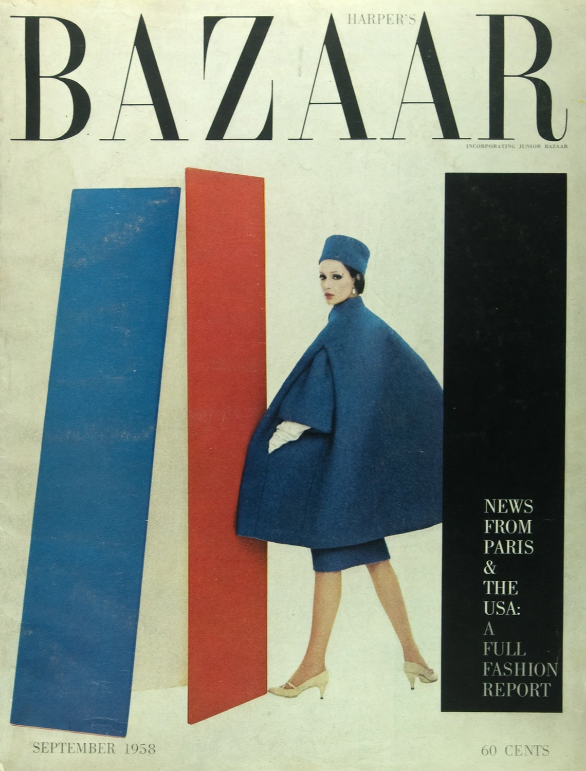 Cover of the September 1958 issue of Harper's Bazaar. A model wearing blue between columns