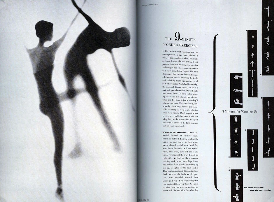 The 9-minute wonder exercises. Article in the April 1950 issue of Harper’s Bazaar