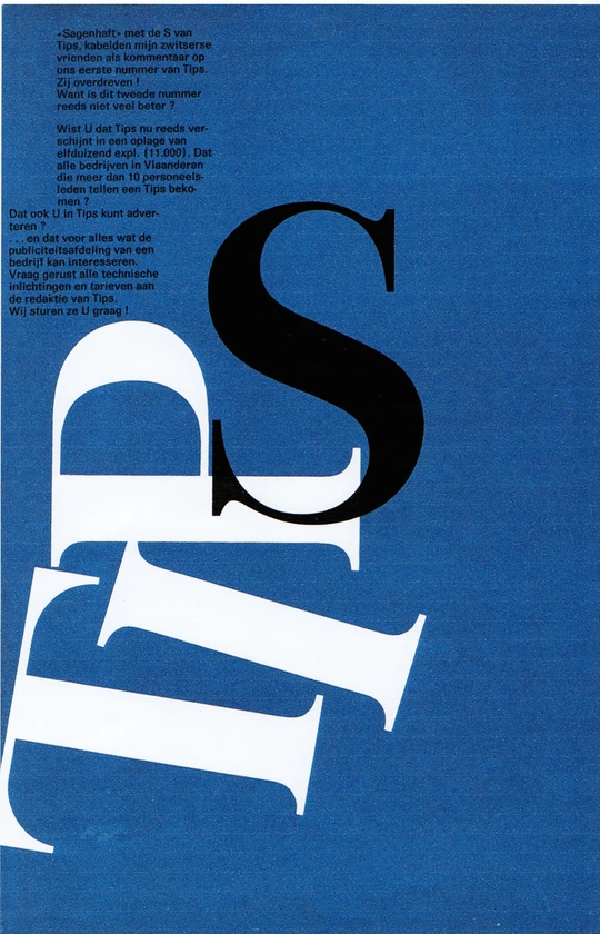 A poster for TIPS magazine. White letters T, I, P and a black letter S on a blue background