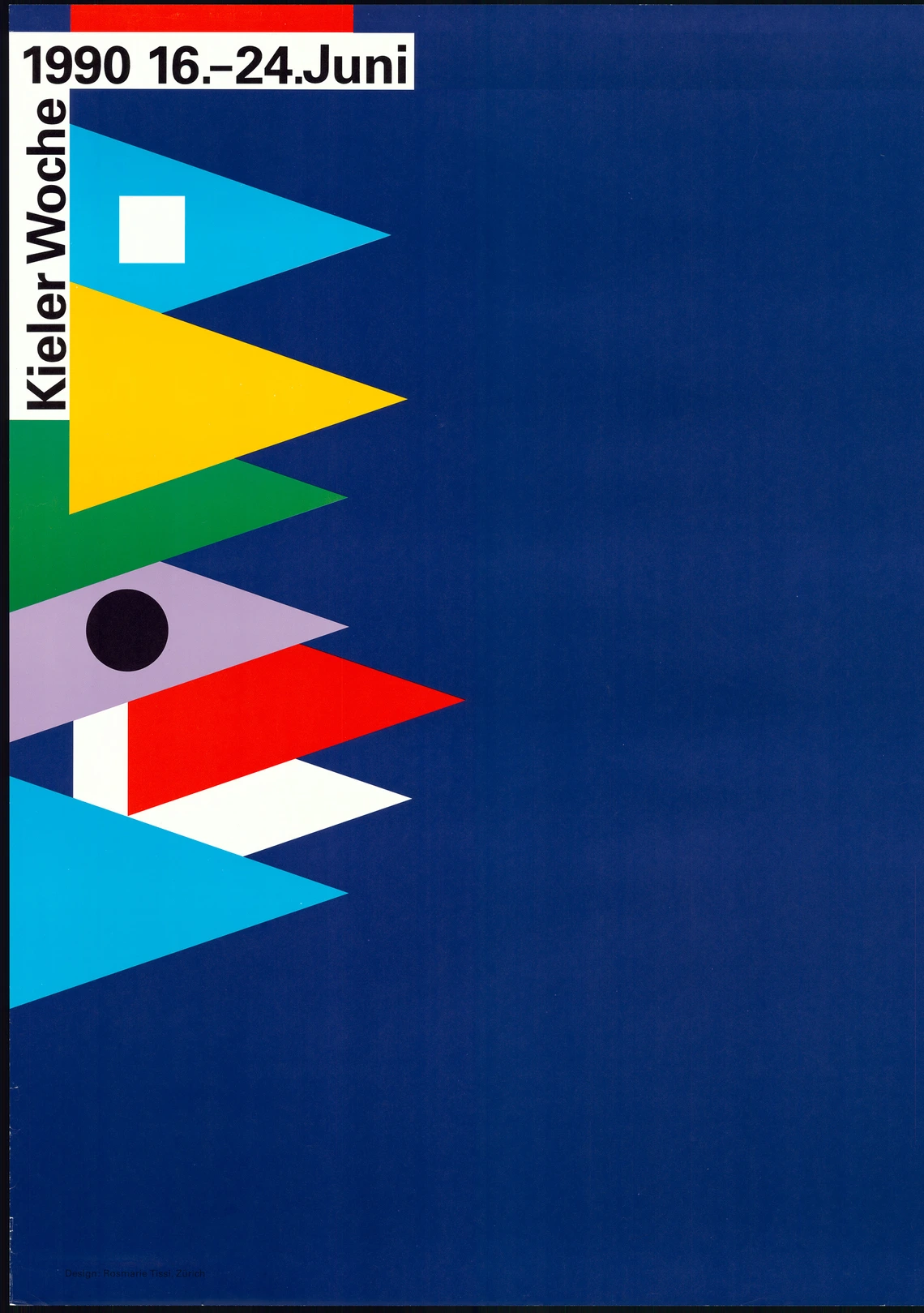 Poster for Kieler Woche 1990. Colored triangles on a blue background