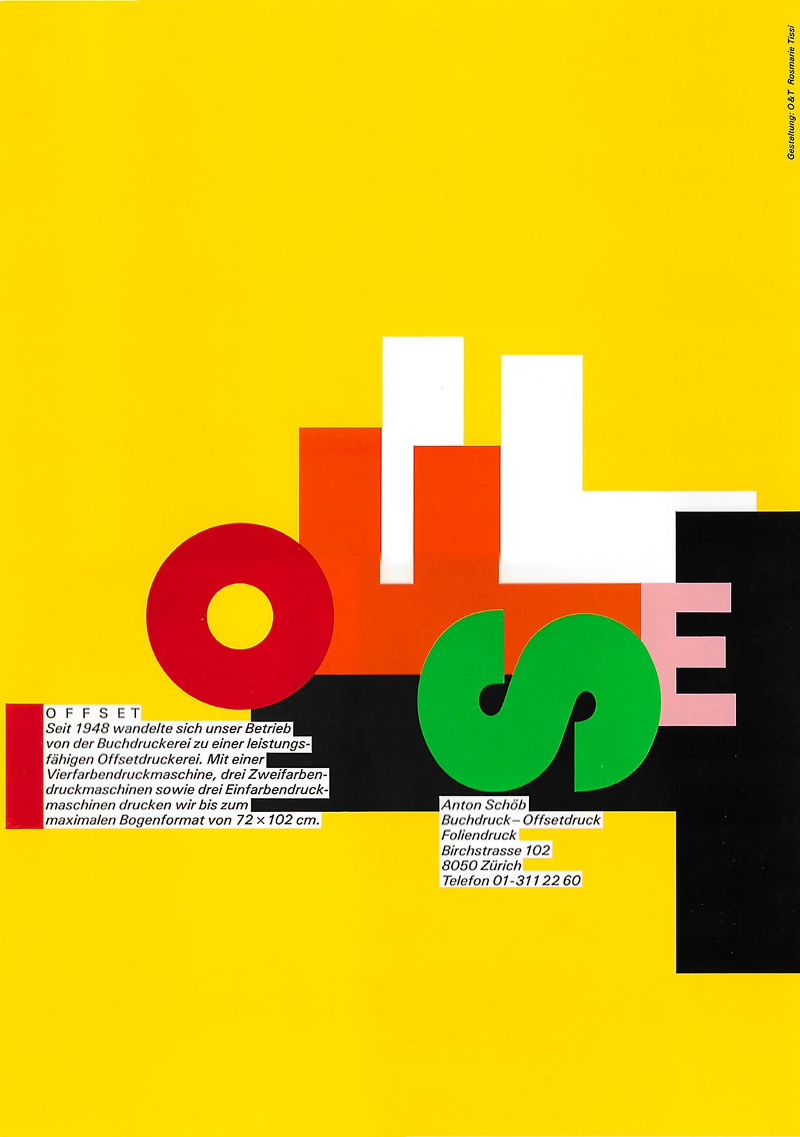 Back of a folder Offset for the printing company A.Schöb. Letters OFFSET on a yellow background