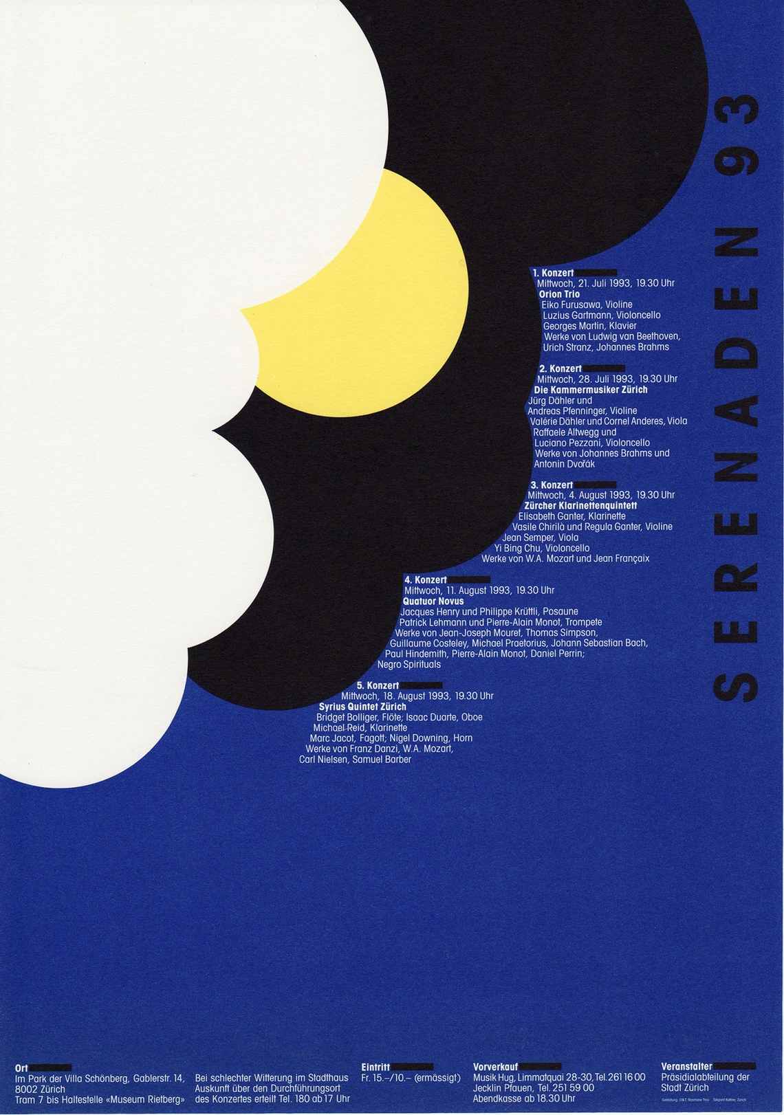 A poster for Serenaden 93. White and black clouds with the sun on a blue background