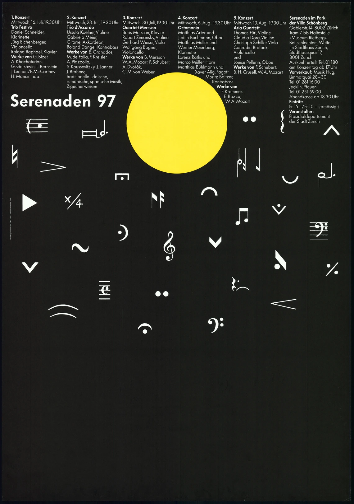 Serenaden 97. A poster. White music-related icons on a black background