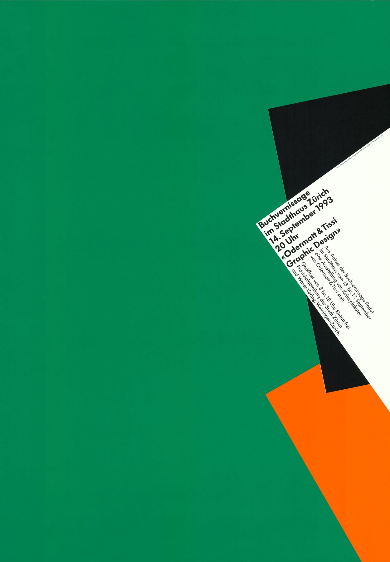 A poster. Red, white and black rectangles on a green background