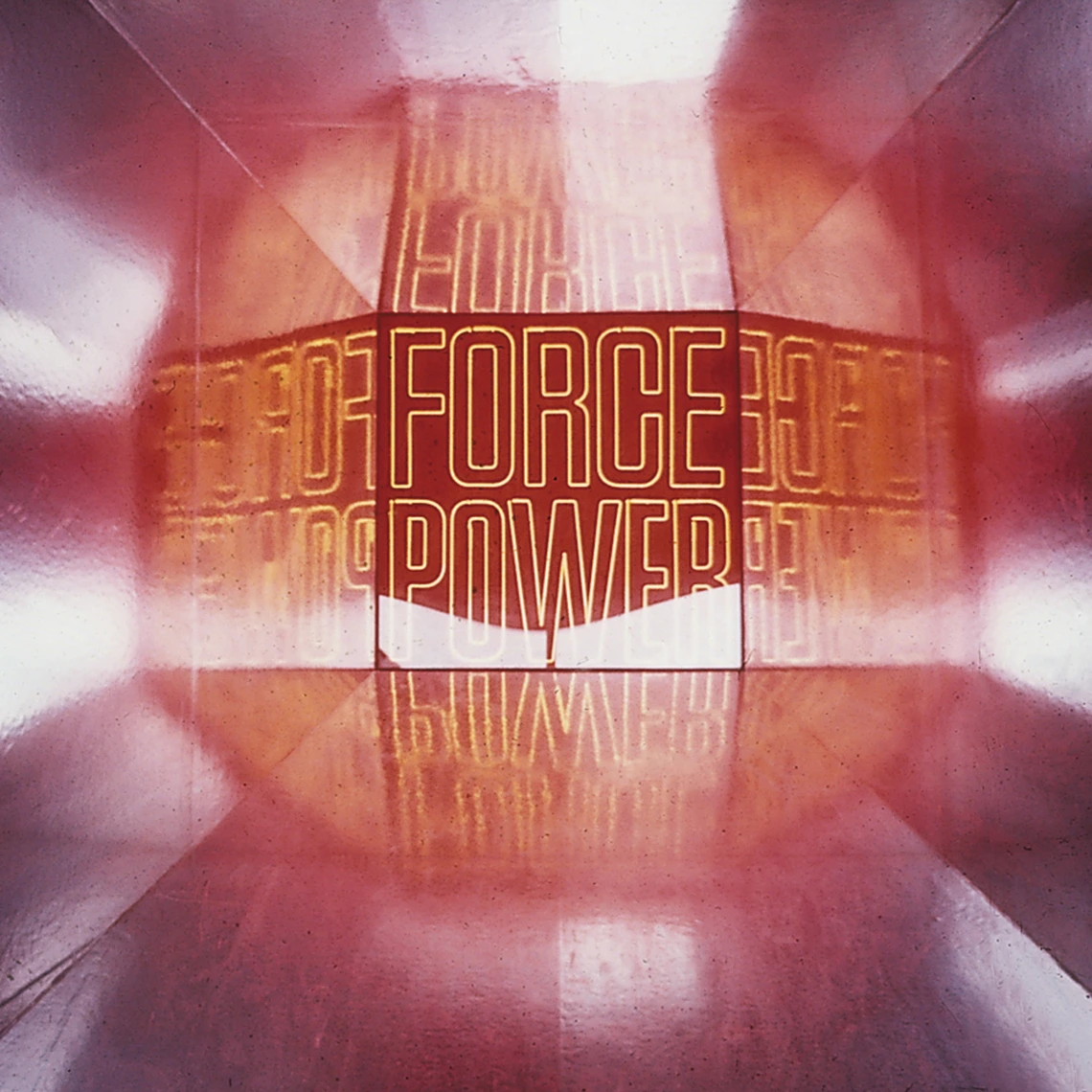 An interior of a pavilion colored pink, with words Force and Power reflected in multiple mirrors