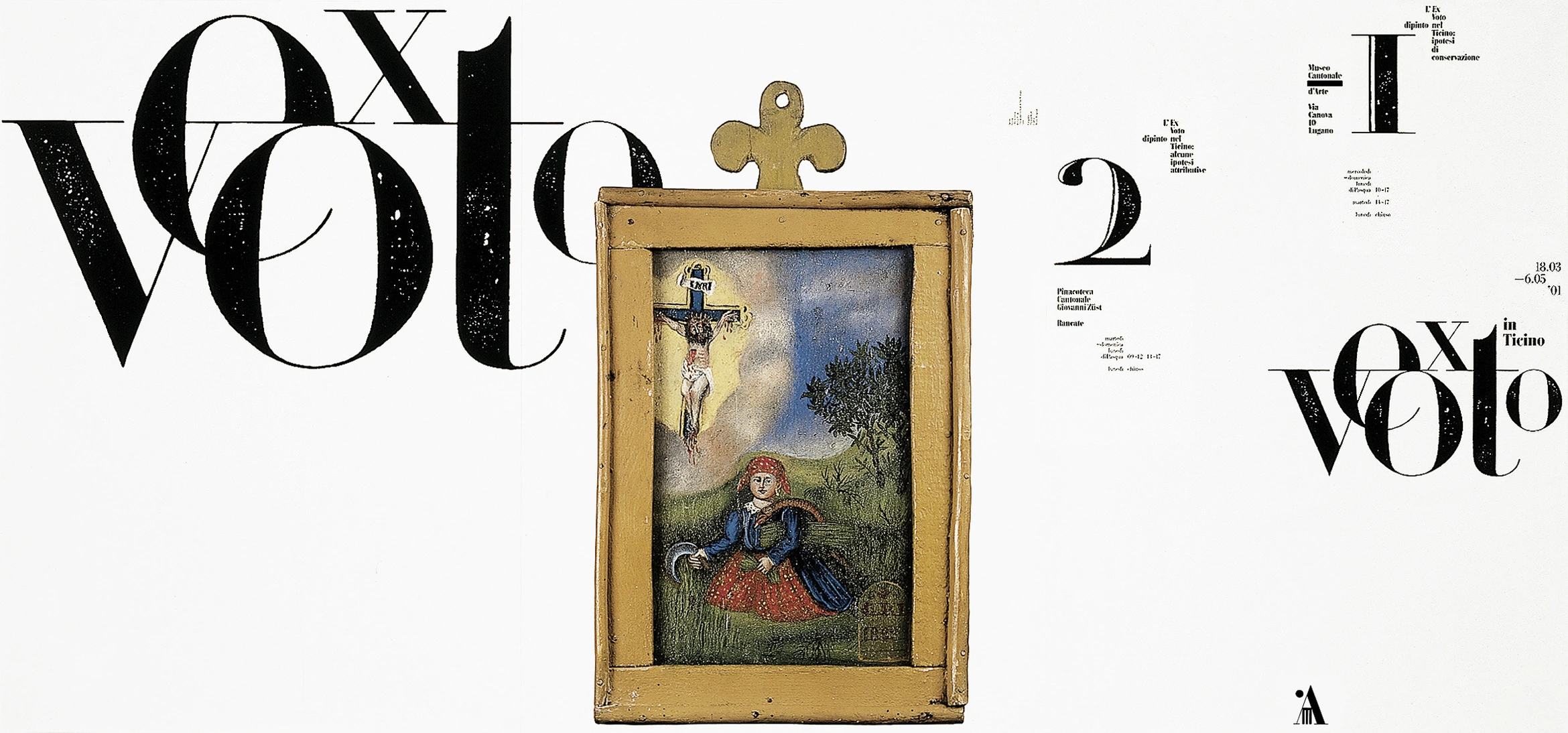 A white poster with words Ex Voto, numbers 1 and 2 and a picture