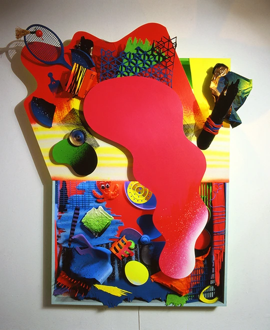 An assemblage resembling a Dali picture in red, yellow, green and blue