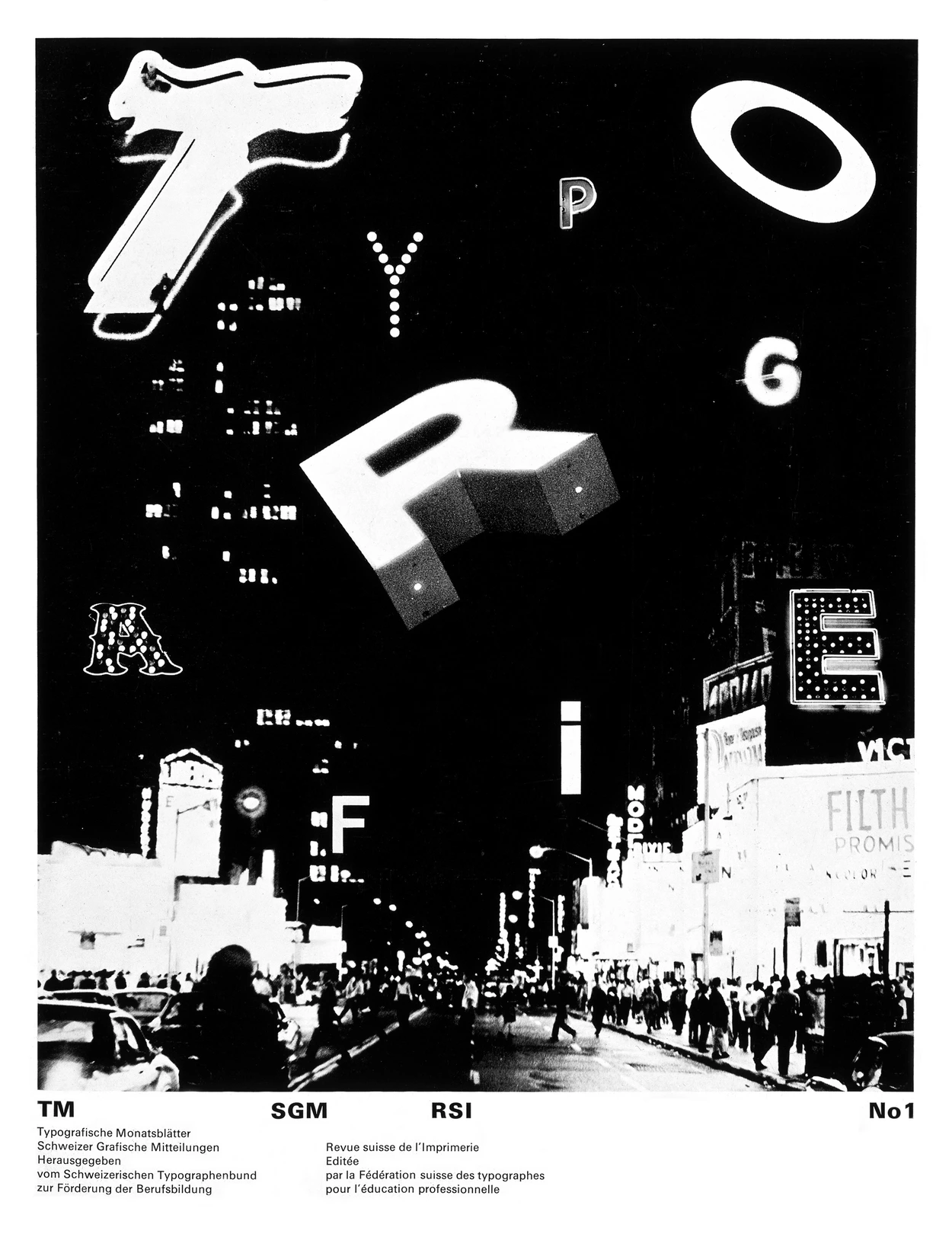 Cover, Typograpfishe Monatsblatter. Letters flying in space combined with a night city photo