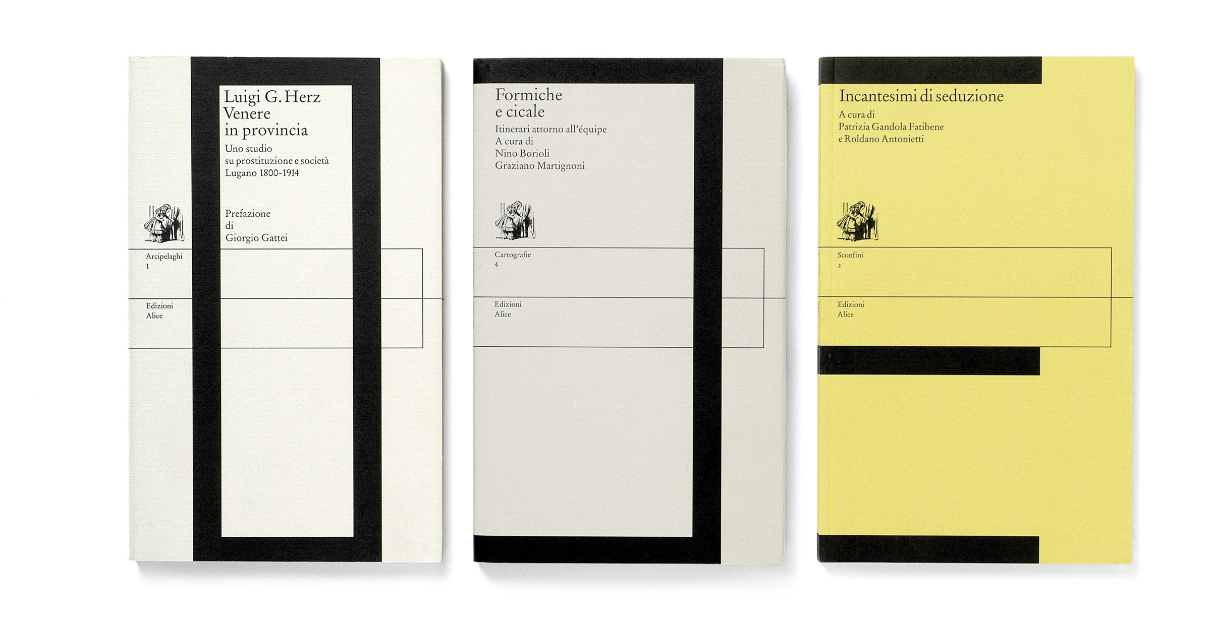 Three book covers: a white one, a grey one and a yellow one