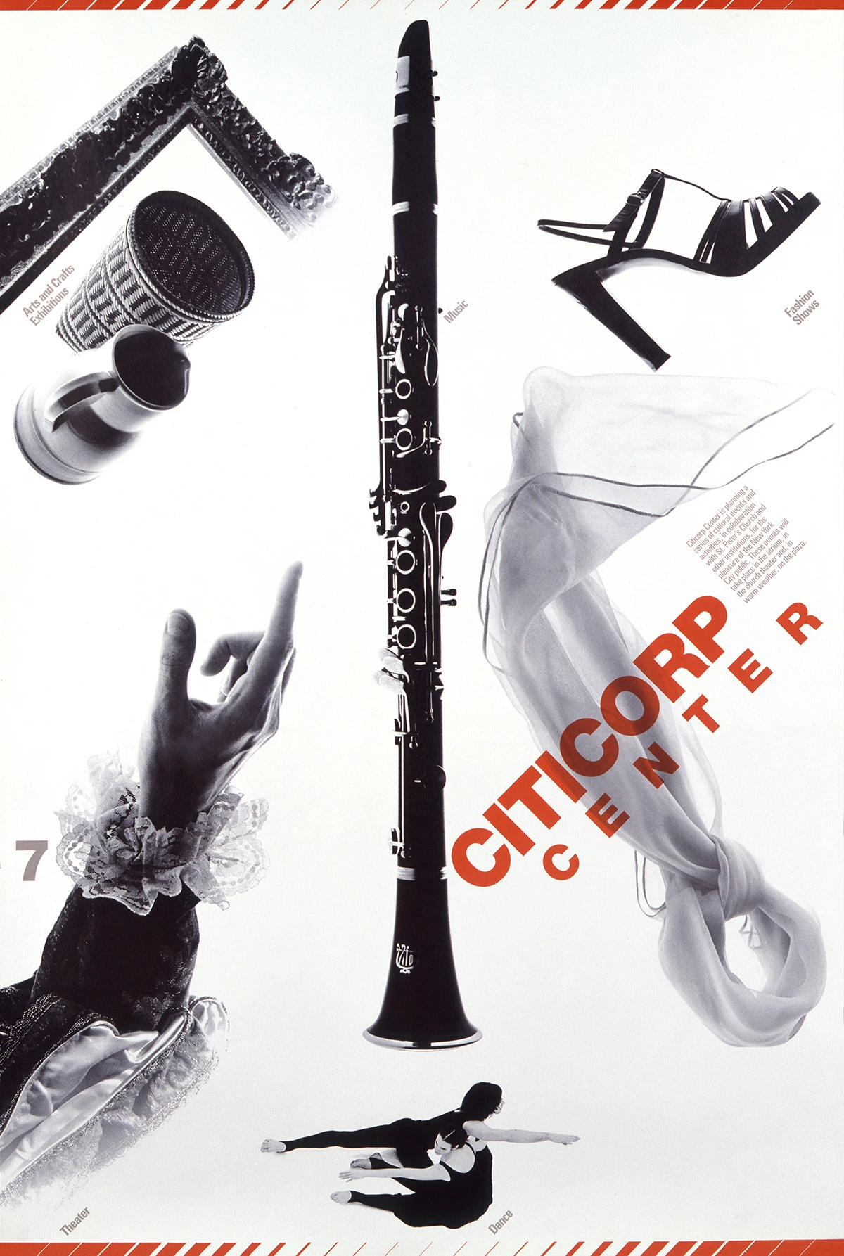One of the posters for Citicorp Center. A shoe, a clarinet, a man's hand etc floating in white space