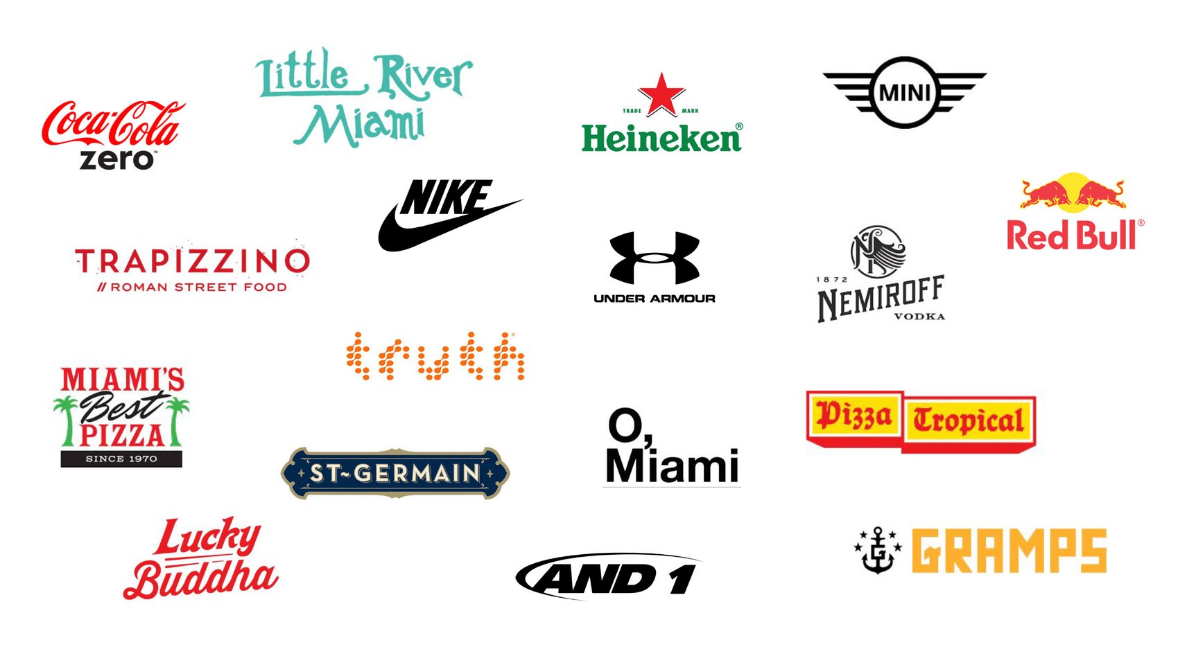 A grouping of logos of companies that Sun&Sons has worked with. Featuring: Coca Cola Zero, Little River Miami, Nike, Heineken, Mini Cooper, Red Bull, Nemiroff Vodka, Under Armour, Trapizzino, Miami's Best Pizza, Truth, O, Miami, Pizza Tropical, Gramps, And 1, and St-Germain.