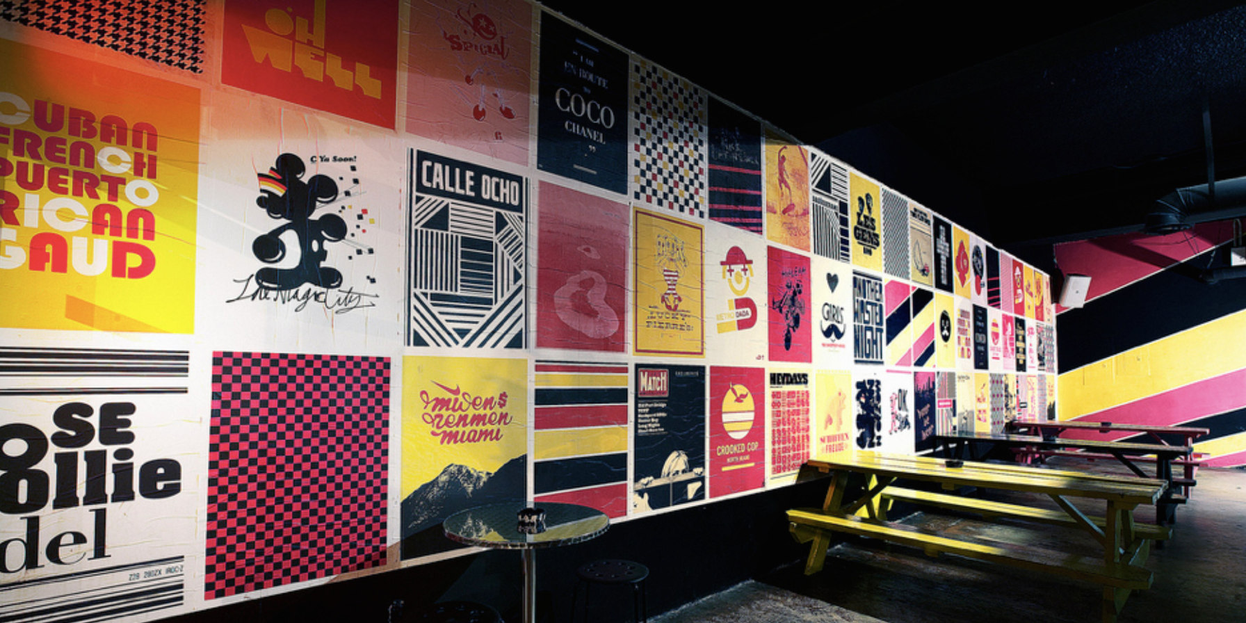 Bar - The idea behind BAR (a popular bar in Miami from 2009 to 2011)
was to reinvent itself every three months. Different artists and designers were chosen to give the bar a visual overhaul. This is Mike del Marmol's version. Calle Echo, Bootleg Mickey.